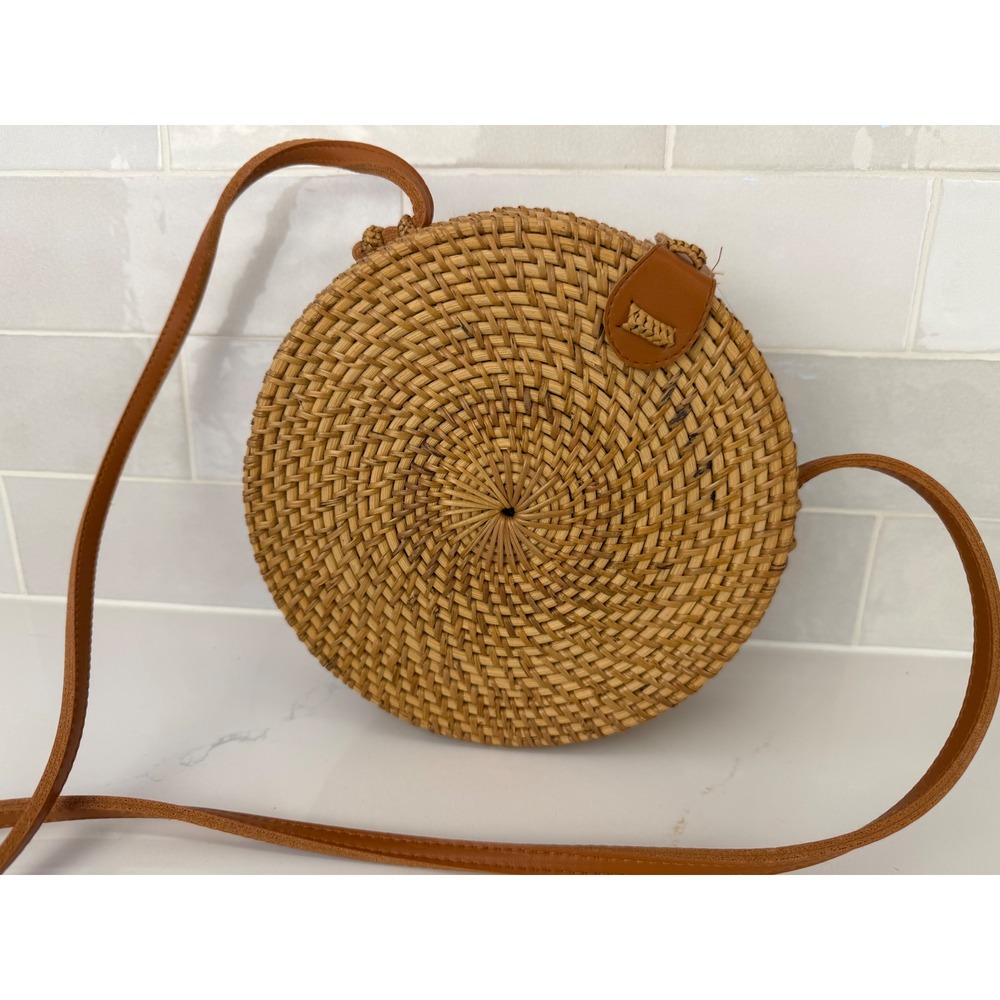 Crossbody Bag Round Rattan 8" Brown Boho Woven Batik Canteen Purse